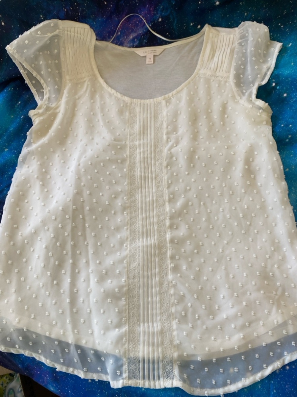 LC Lauren Conrad Cream Swiss Dot Pintuck Cap-Sleeve Blouse